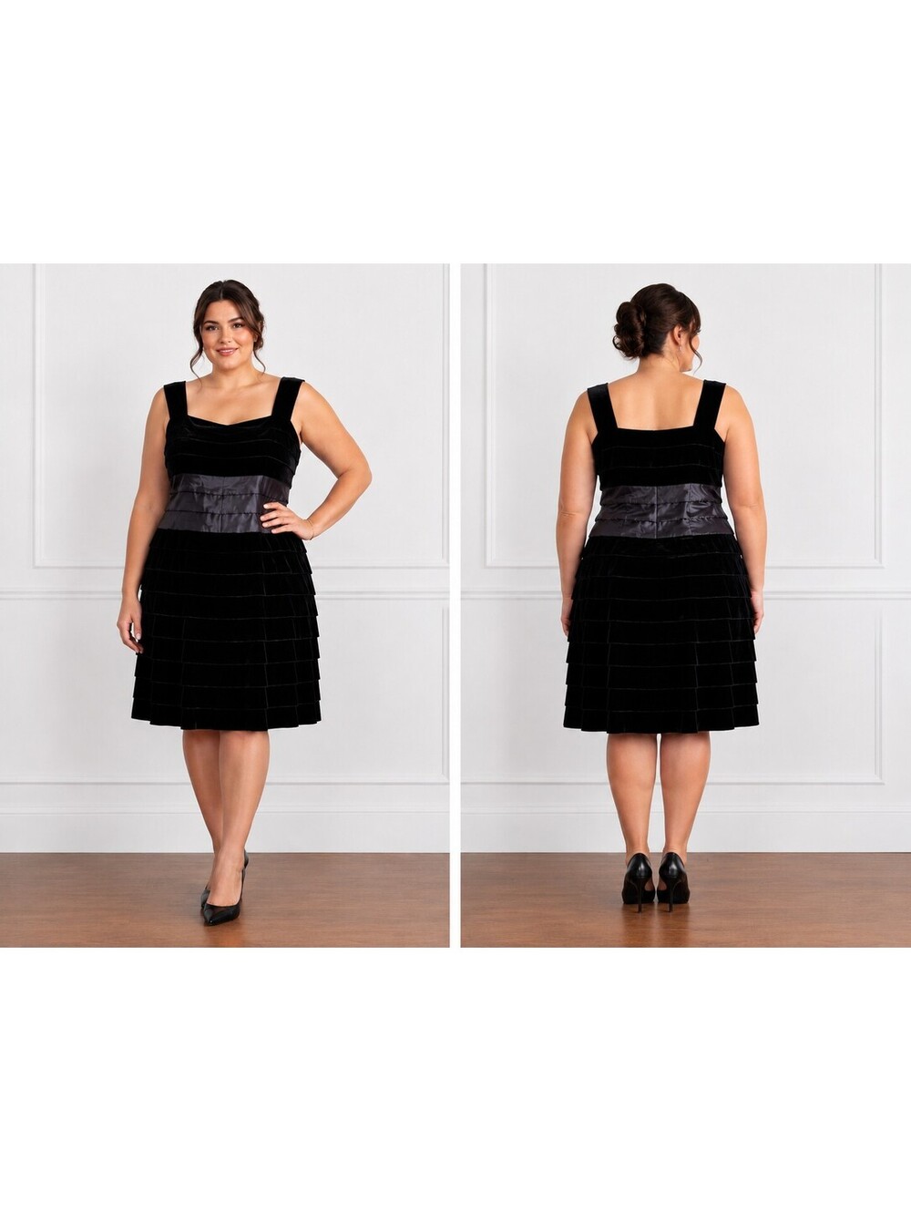 Jessica Howard Women's 16W Black Stretch Velvet Tiered Sleeveless Dress
